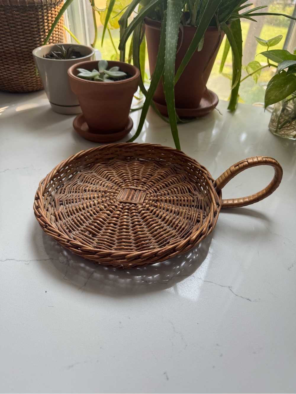 Vintage Low Round Wicker Basket with Handle